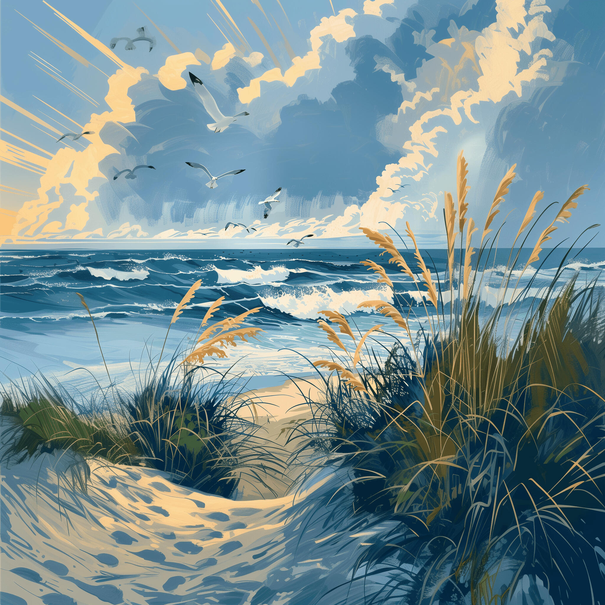 Beach scene with footpath through sand dunes and sea oats