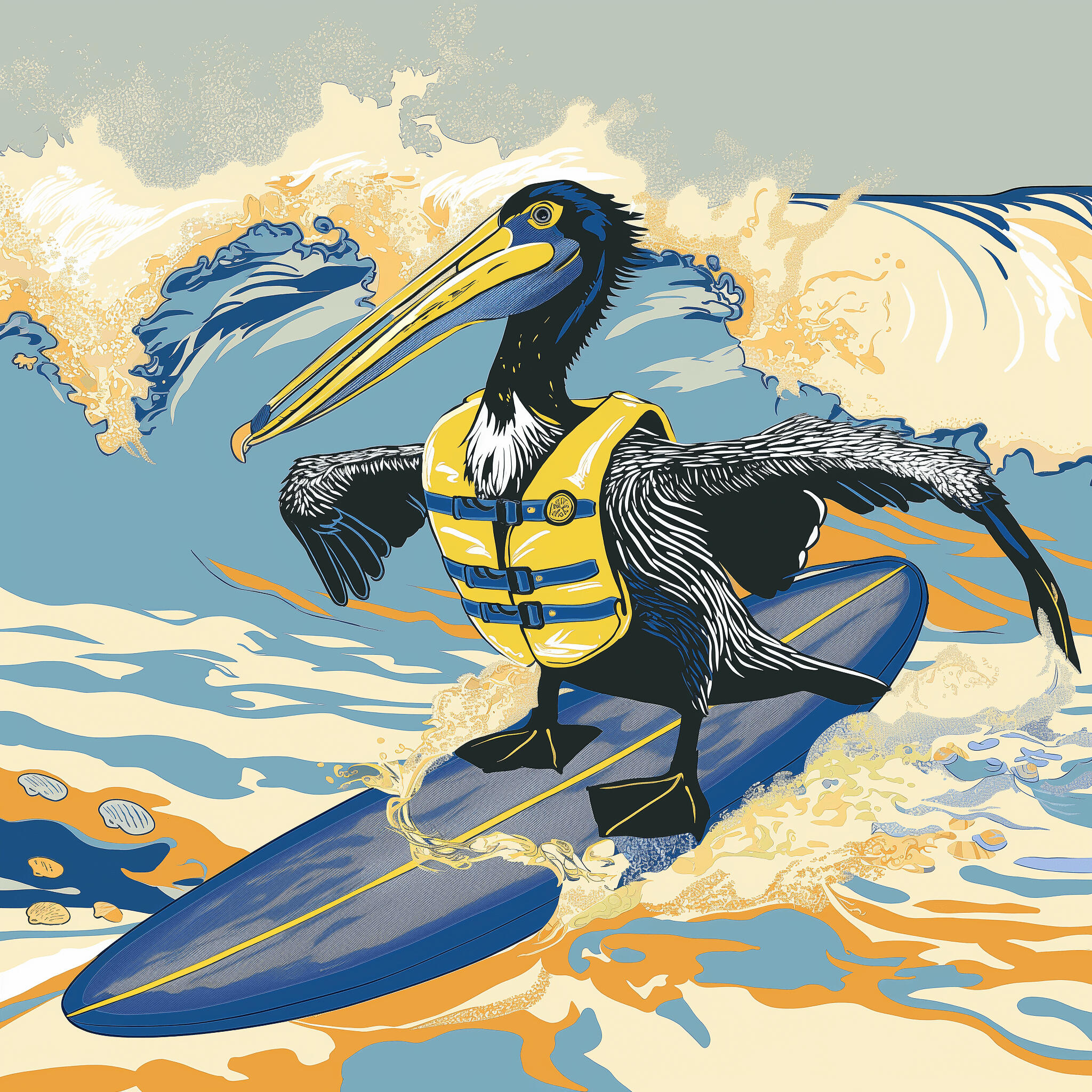 Black pelican surfing while wearing a life jacket