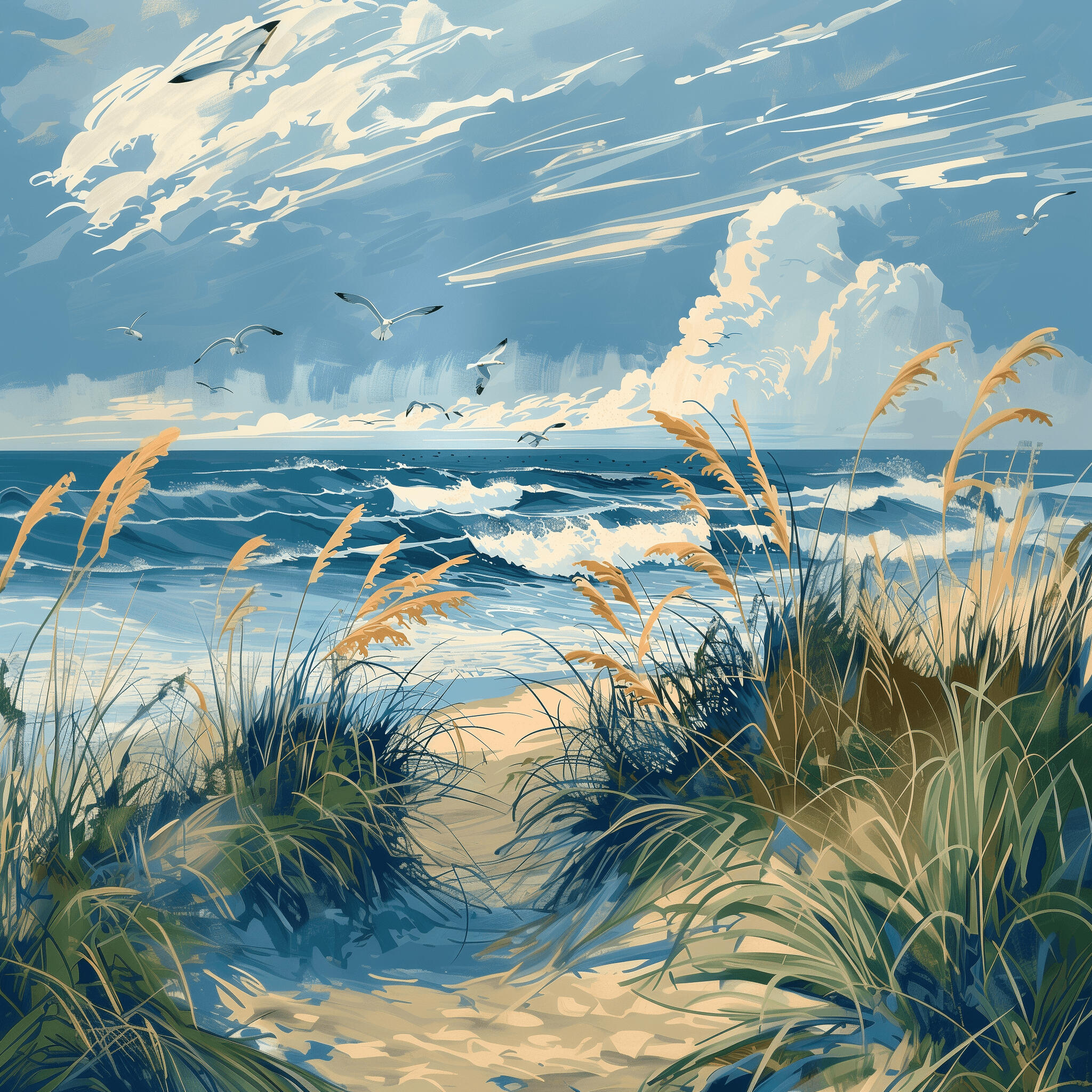 Beautiful beach scene with a footpath through sea oats and gentle waves down the coastline