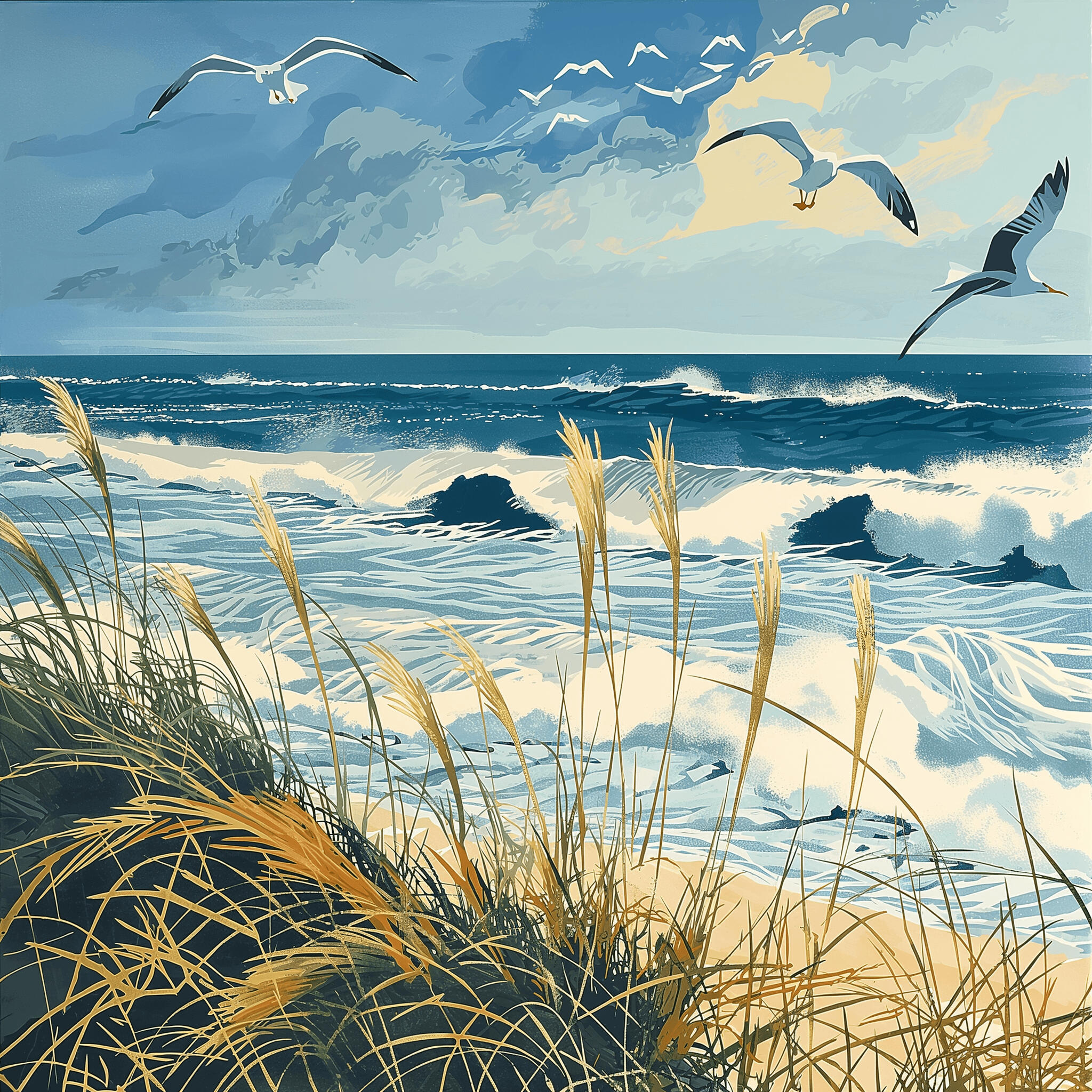 Beach scene with seagulls and sea oats